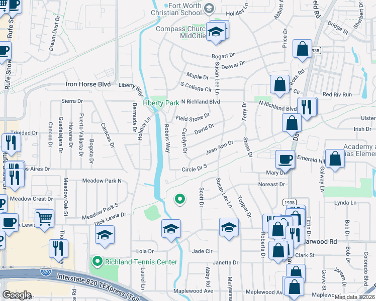 map of restaurants, bars, coffee shops, grocery stores, and more near 5712 Carolyn Drive in Fort Worth