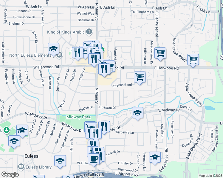 map of restaurants, bars, coffee shops, grocery stores, and more near 816 Midcreek Drive in Euless