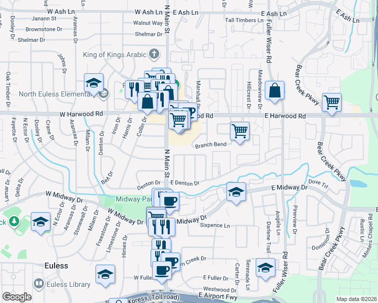 map of restaurants, bars, coffee shops, grocery stores, and more near 816 Midcreek Drive in Euless