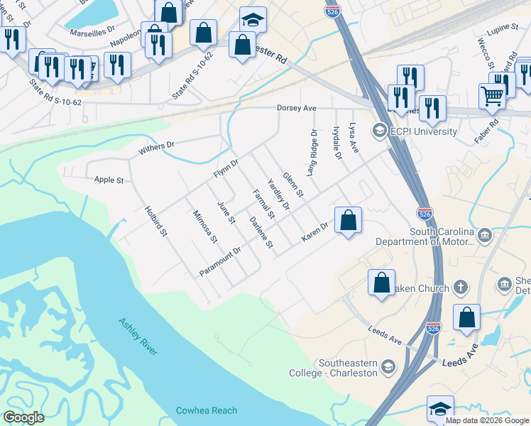 map of restaurants, bars, coffee shops, grocery stores, and more near 4709 Farmal Street in North Charleston