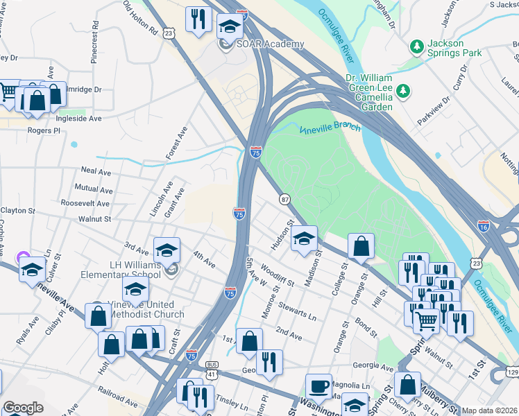 map of restaurants, bars, coffee shops, grocery stores, and more near 1695 Orchard Avenue in Macon