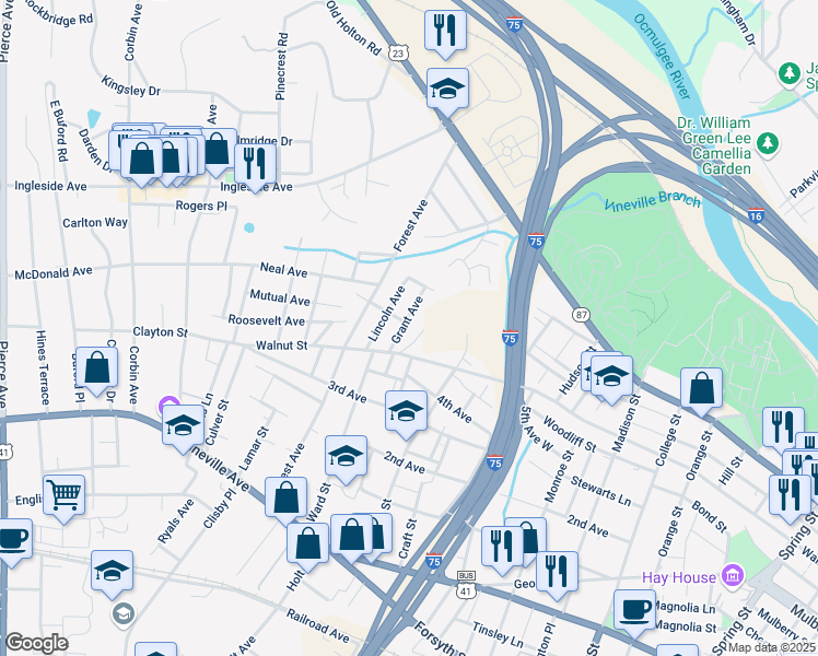 map of restaurants, bars, coffee shops, grocery stores, and more near 1942 Walnut Street in Macon