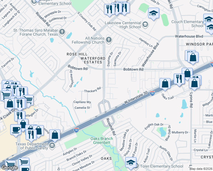 map of restaurants, bars, coffee shops, grocery stores, and more near 5600 Rosehill Rd in Garland