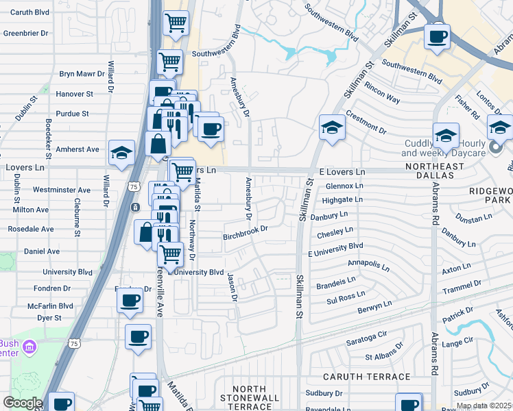 map of restaurants, bars, coffee shops, grocery stores, and more near 6019 Birchbrook Drive in Dallas