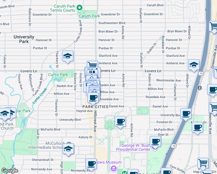 map of restaurants, bars, coffee shops, grocery stores, and more near 3236 Milton Avenue in Dallas