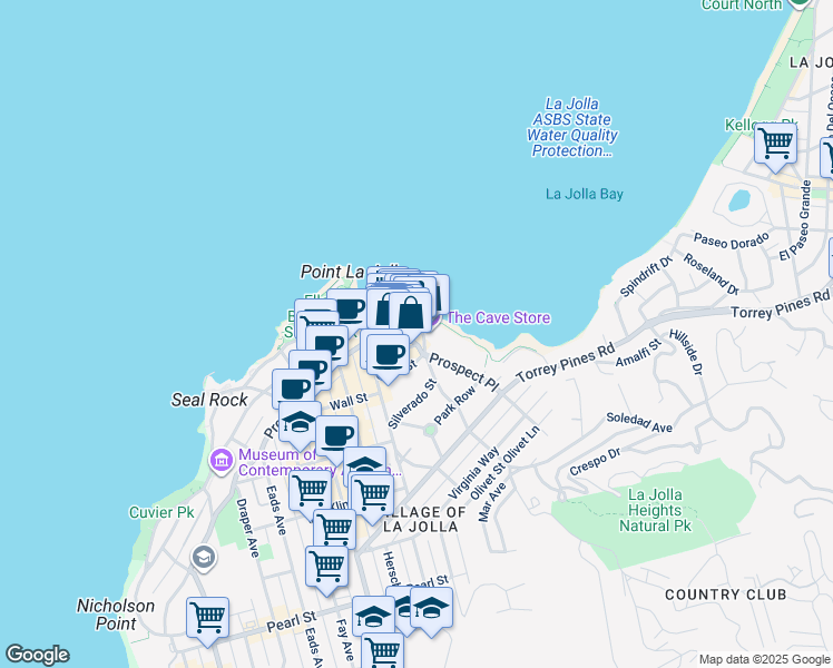 map of restaurants, bars, coffee shops, grocery stores, and more near 1298 Prospect Street in San Diego