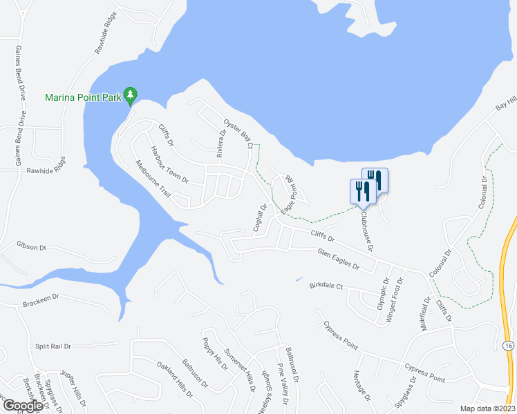 map of restaurants, bars, coffee shops, grocery stores, and more near 50 Coghill Drive in Graford