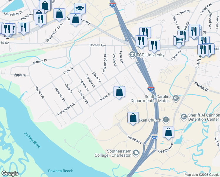 map of restaurants, bars, coffee shops, grocery stores, and more near 4226 Karen Drive in North Charleston