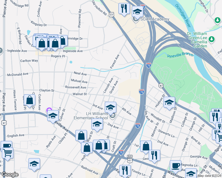 map of restaurants, bars, coffee shops, grocery stores, and more near 1985 Walnut Street in Macon