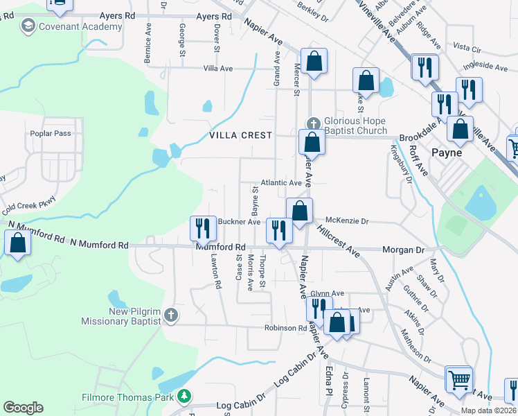 map of restaurants, bars, coffee shops, grocery stores, and more near 3979 Buckner Avenue in Macon
