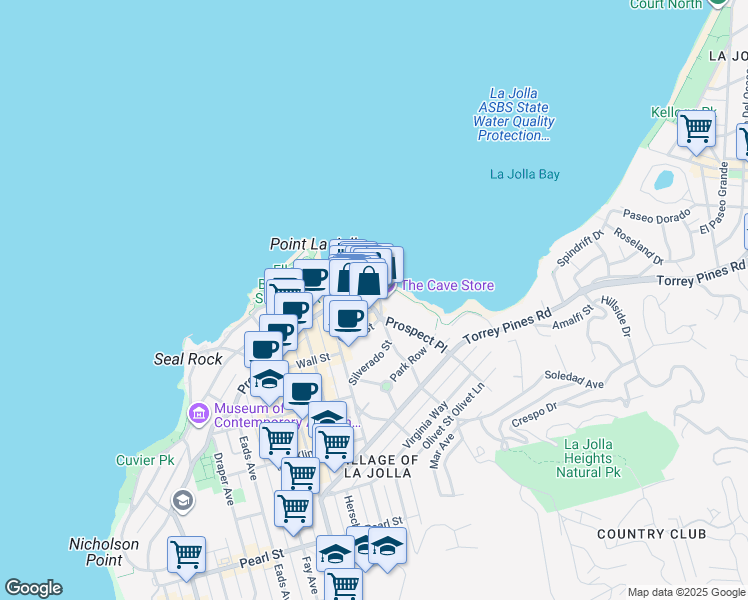 map of restaurants, bars, coffee shops, grocery stores, and more near 1298 Prospect Street in San Diego