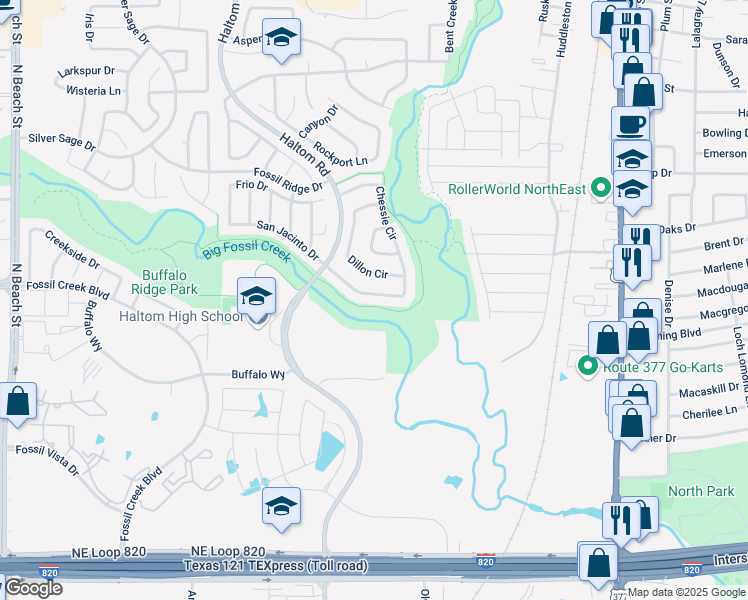 map of restaurants, bars, coffee shops, grocery stores, and more near 5148 Chessie Circle in Haltom City