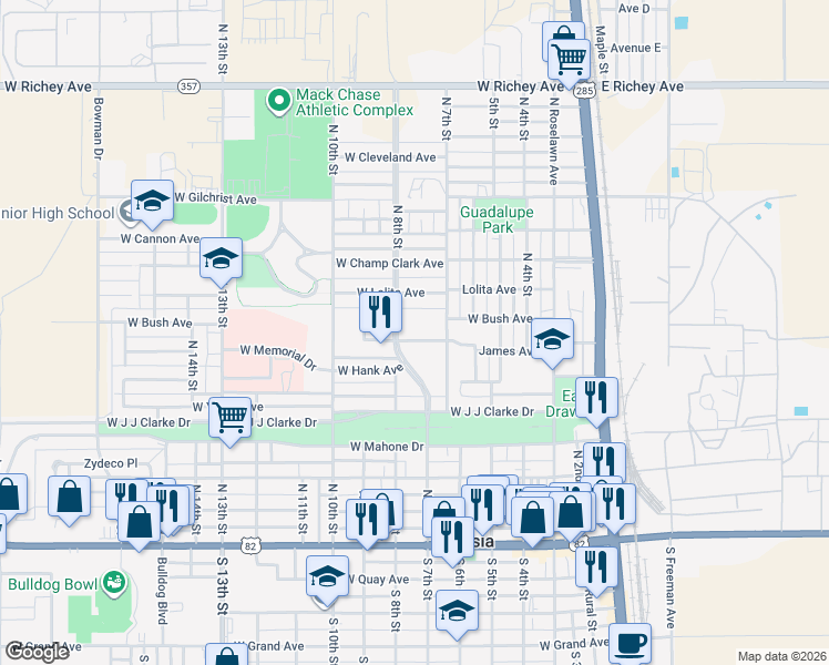 map of restaurants, bars, coffee shops, grocery stores, and more near 611 North 8th Street in Artesia