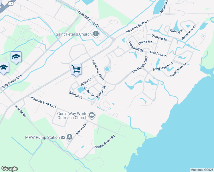 map of restaurants, bars, coffee shops, grocery stores, and more near 100 Amenity Park Drive in Mount Pleasant