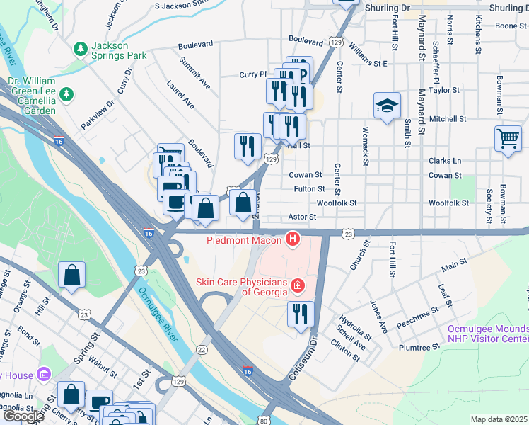 map of restaurants, bars, coffee shops, grocery stores, and more near 310 Emery Highway in Macon