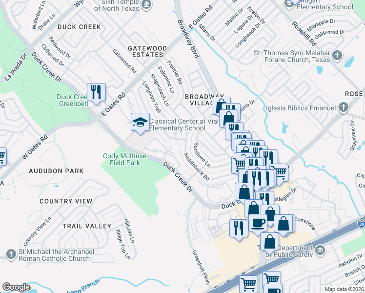map of restaurants, bars, coffee shops, grocery stores, and more near 5422 Saddleback Road in Garland