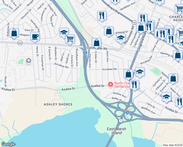 map of restaurants, bars, coffee shops, grocery stores, and more near 2652 South Allen Drive in North Charleston