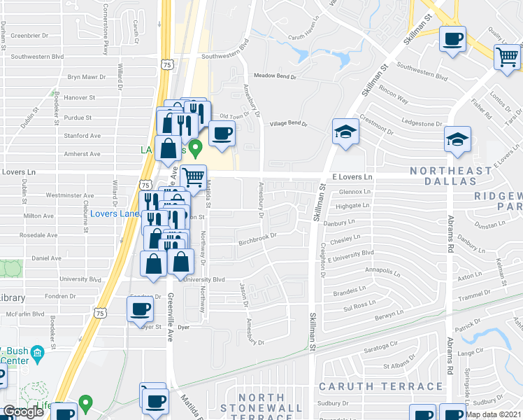 map of restaurants, bars, coffee shops, grocery stores, and more near 5100 Amesbury Drive in Dallas