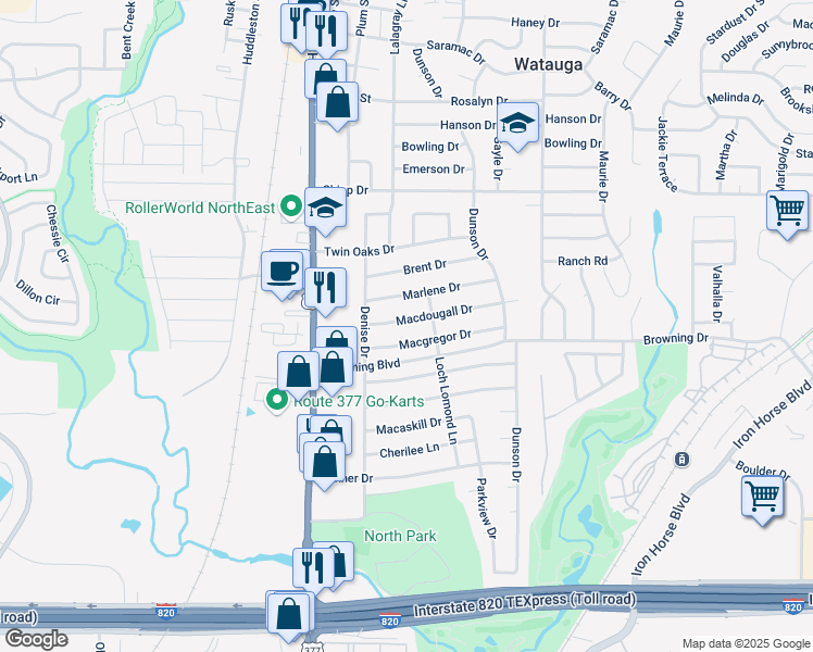 map of restaurants, bars, coffee shops, grocery stores, and more near 5636 Macgregor Drive in Haltom City