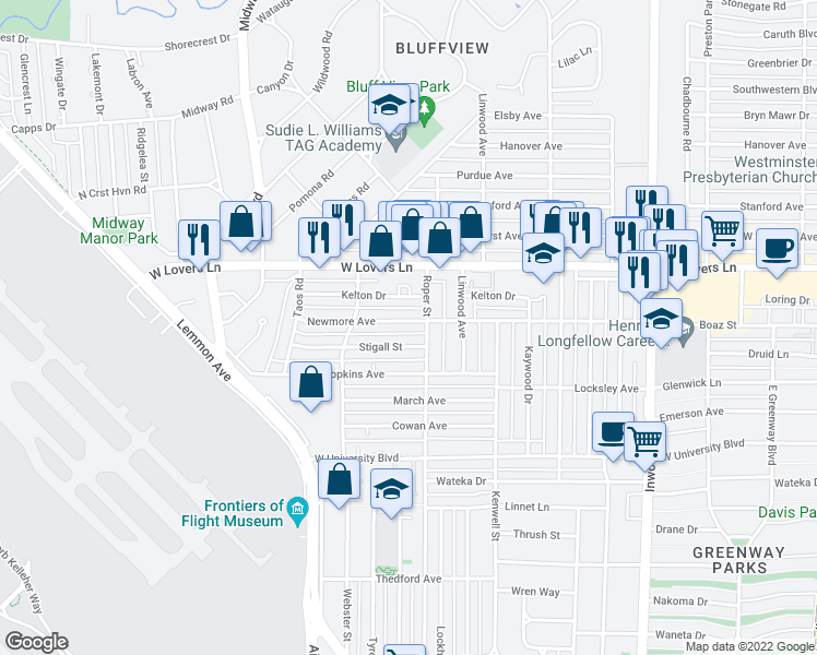 map of restaurants, bars, coffee shops, grocery stores, and more near 4614 Stigall Street in Dallas