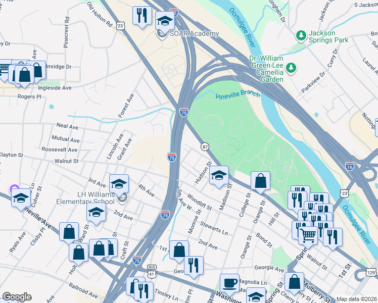 map of restaurants, bars, coffee shops, grocery stores, and more near 1695 Orchard Avenue in Macon