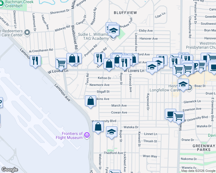 map of restaurants, bars, coffee shops, grocery stores, and more near 4522 Stigall Drive in Dallas