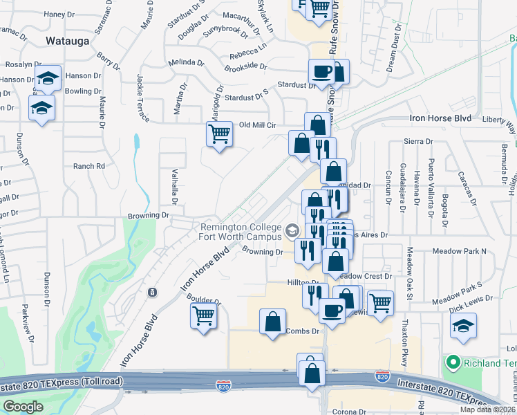 map of restaurants, bars, coffee shops, grocery stores, and more near 6609 Iron Horse Boulevard in Fort Worth