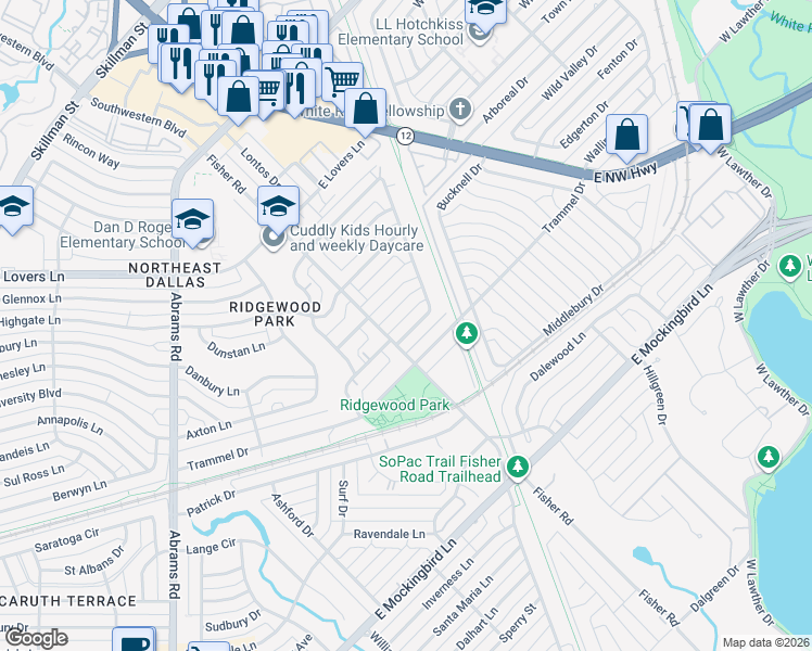 map of restaurants, bars, coffee shops, grocery stores, and more near 6719 Santa Anita Drive in Dallas