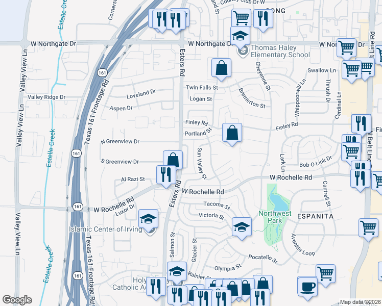 map of restaurants, bars, coffee shops, grocery stores, and more near 3020 Sun Valley Street in Irving