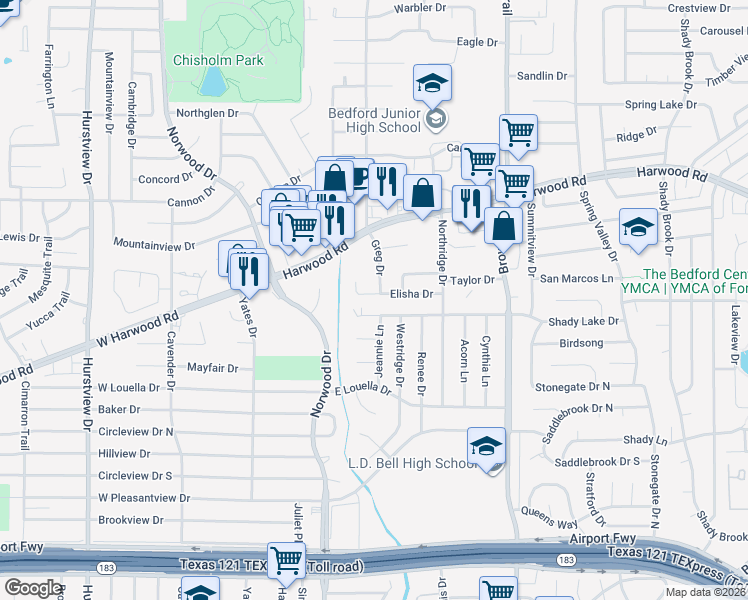 map of restaurants, bars, coffee shops, grocery stores, and more near 121 Shady Lake Court in Hurst