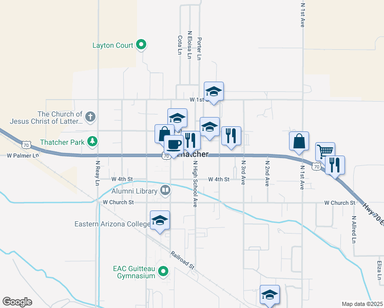map of restaurants, bars, coffee shops, grocery stores, and more near in Thatcher