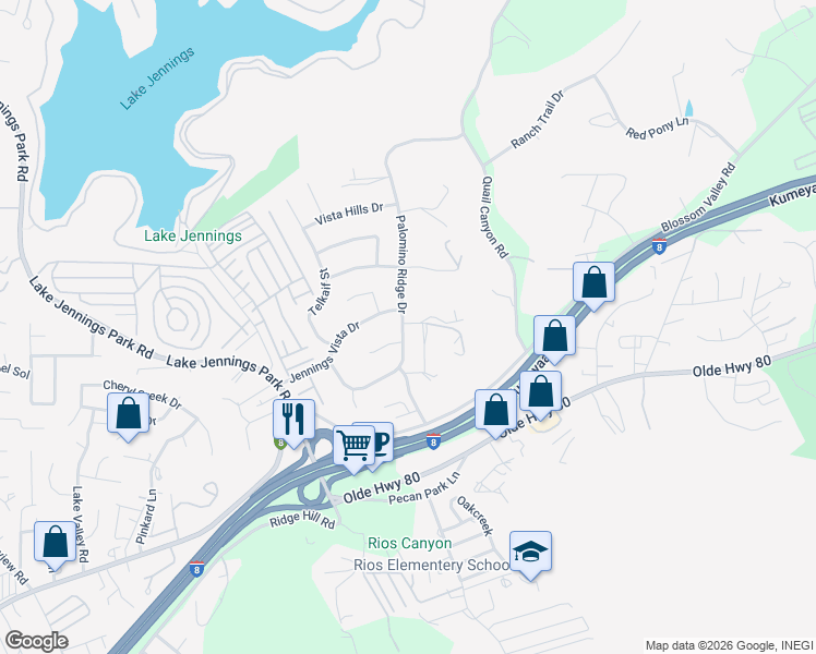 map of restaurants, bars, coffee shops, grocery stores, and more near 9260 Palomino Ridge Drive in Lakeside