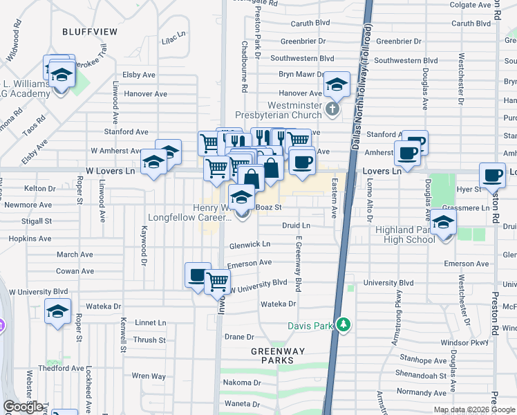 map of restaurants, bars, coffee shops, grocery stores, and more near 11903 West Greenway Boulevard in Dallas