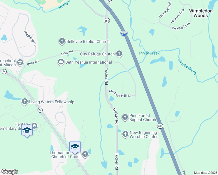 map of restaurants, bars, coffee shops, grocery stores, and more near 1648 Tucker Road in Macon