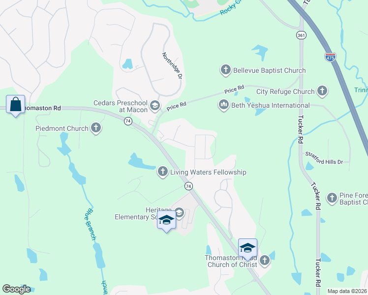 map of restaurants, bars, coffee shops, grocery stores, and more near 6161 Thomaston Road in Macon