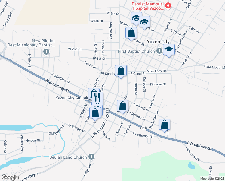 map of restaurants, bars, coffee shops, grocery stores, and more near 310 North Main Street in Yazoo City