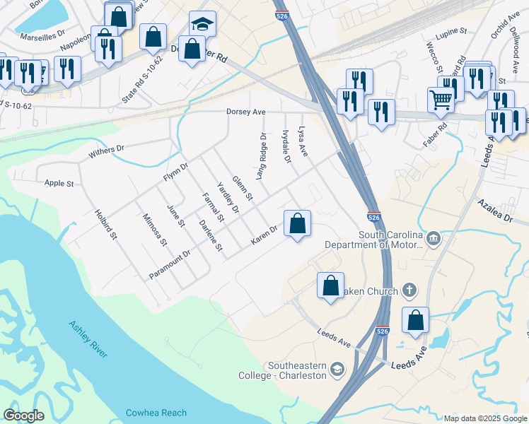 map of restaurants, bars, coffee shops, grocery stores, and more near in North Charleston