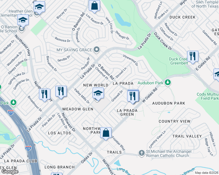 map of restaurants, bars, coffee shops, grocery stores, and more near 501 Stroud Lane in Garland