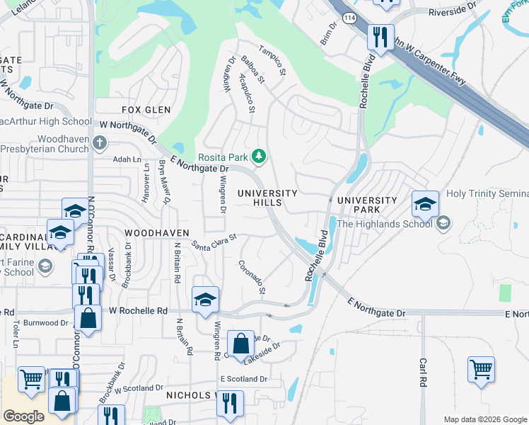map of restaurants, bars, coffee shops, grocery stores, and more near 318 San Mateo Court in Irving