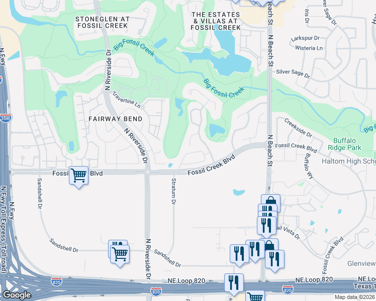 map of restaurants, bars, coffee shops, grocery stores, and more near 4109 Walnut Creek Court in Fort Worth