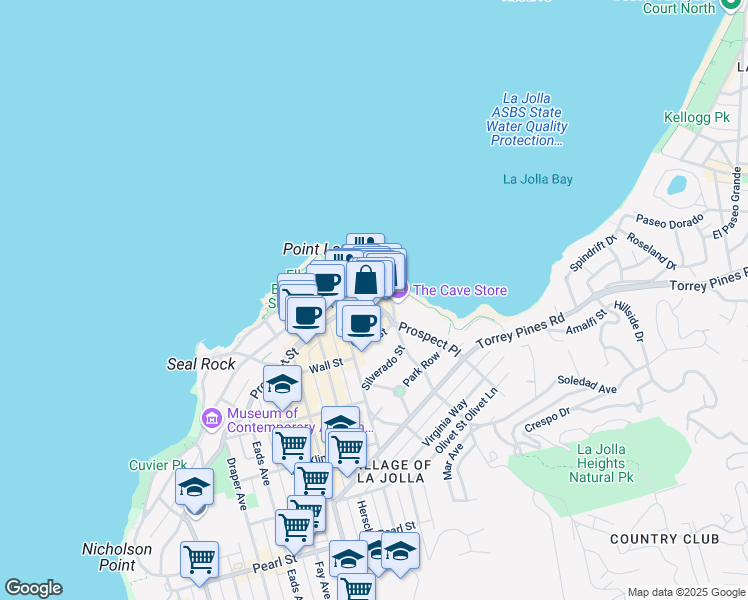 map of restaurants, bars, coffee shops, grocery stores, and more near 1264 Prospect Street in San Diego