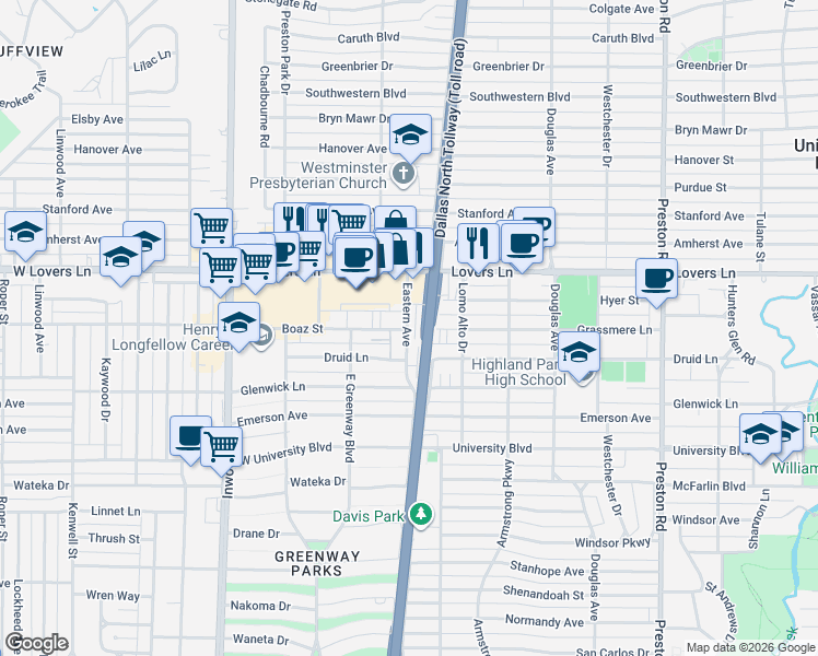 map of restaurants, bars, coffee shops, grocery stores, and more near 7790 Eastern Avenue in Dallas