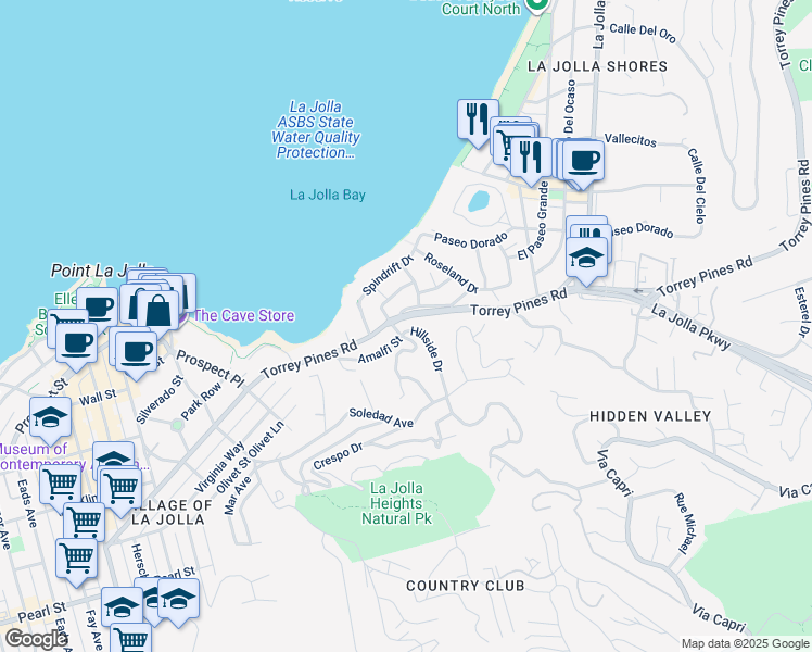 map of restaurants, bars, coffee shops, grocery stores, and more near 7851 Hillside Drive in San Diego