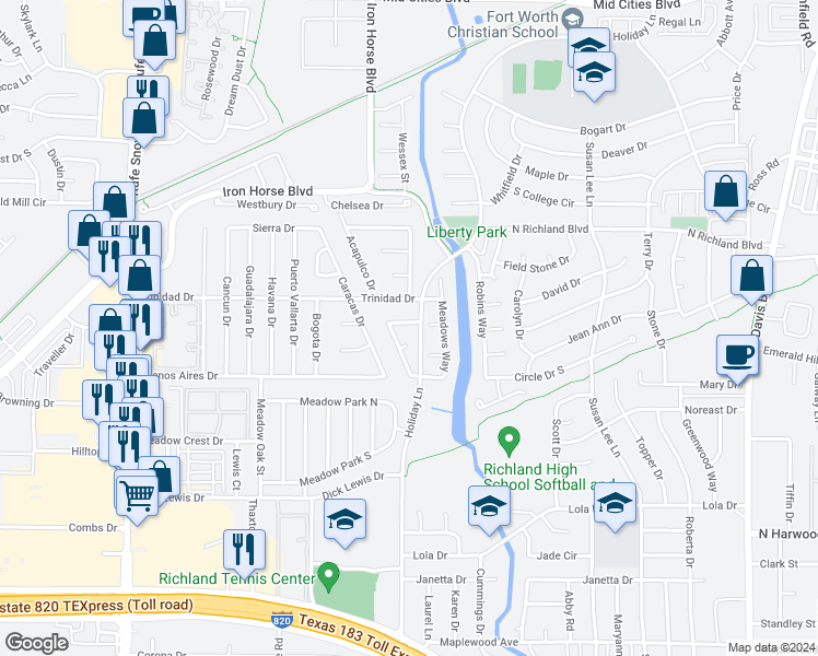 map of restaurants, bars, coffee shops, grocery stores, and more near 5668 Jamaica Circle in Fort Worth