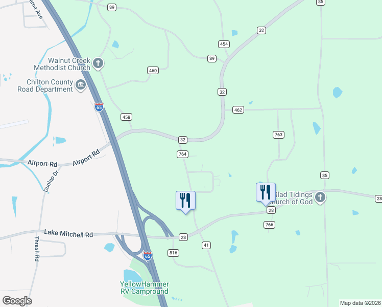 map of restaurants, bars, coffee shops, grocery stores, and more near 26 County Road 764 in Clanton