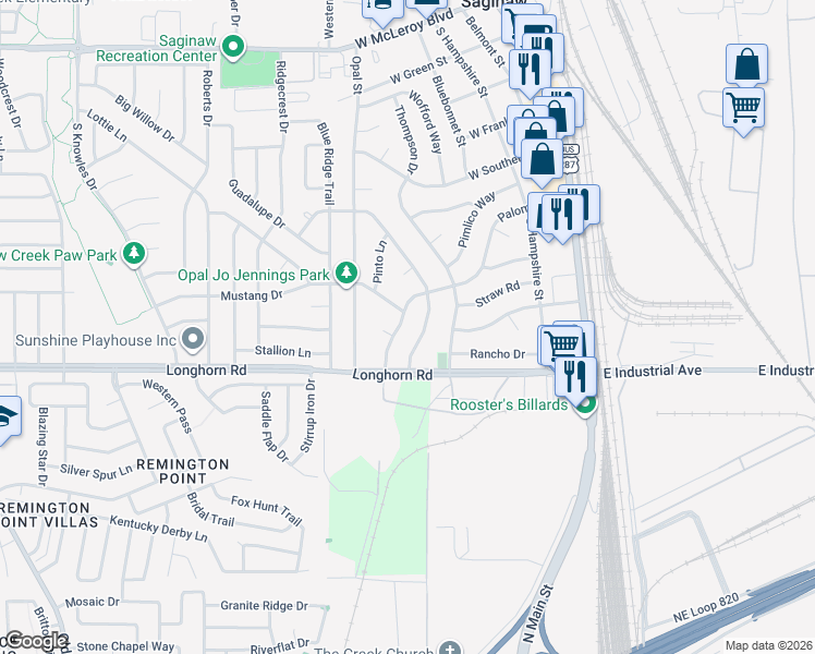 map of restaurants, bars, coffee shops, grocery stores, and more near 355 Mustang Drive in Saginaw