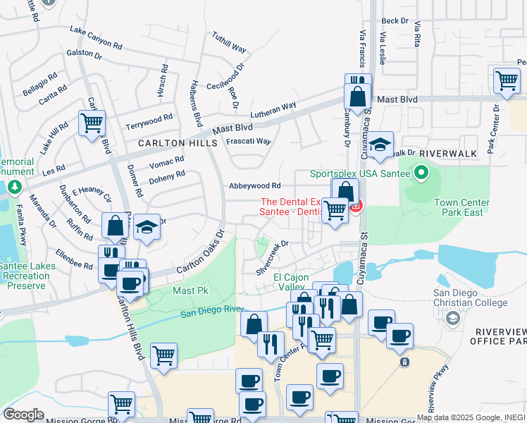map of restaurants, bars, coffee shops, grocery stores, and more near 150 Rock Glen Way in Santee