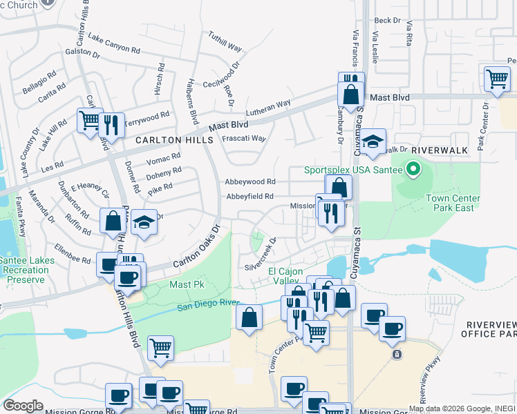 map of restaurants, bars, coffee shops, grocery stores, and more near 150 Rock Glen Way in Santee