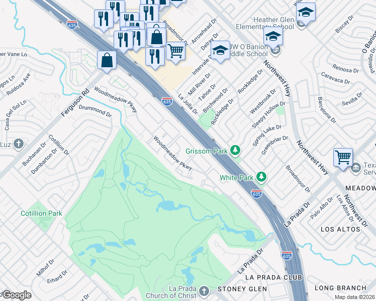 map of restaurants, bars, coffee shops, grocery stores, and more near 11050 Woodmeadow Parkway in Dallas