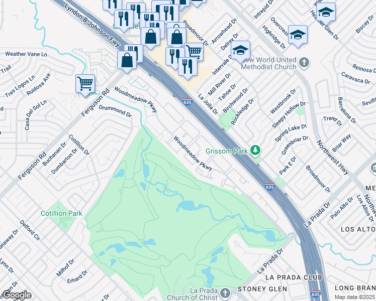 map of restaurants, bars, coffee shops, grocery stores, and more near 11152 Woodmeadow Parkway in Dallas